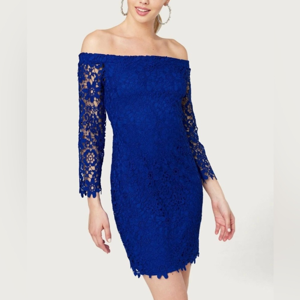 Bebe Dress Off Shoulder Crochet Lace 3/4 Sleeve Cobalt Blue Dress Sz 12